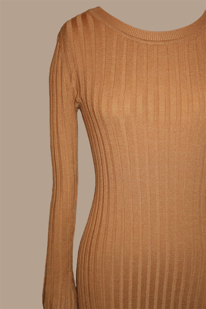 TAN RIBBED-KNIT MAXI DRESS