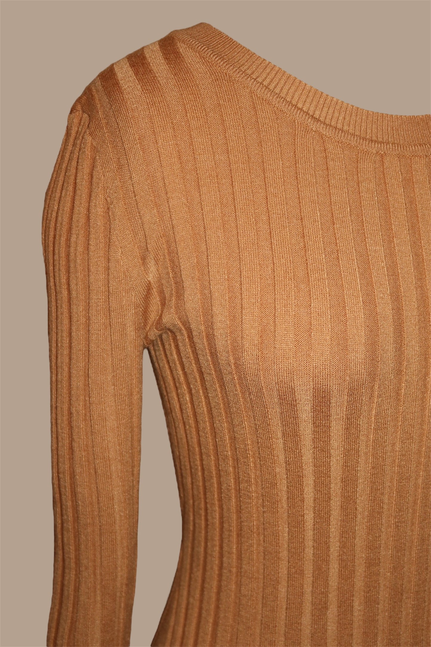 TAN RIBBED-KNIT MAXI DRESS