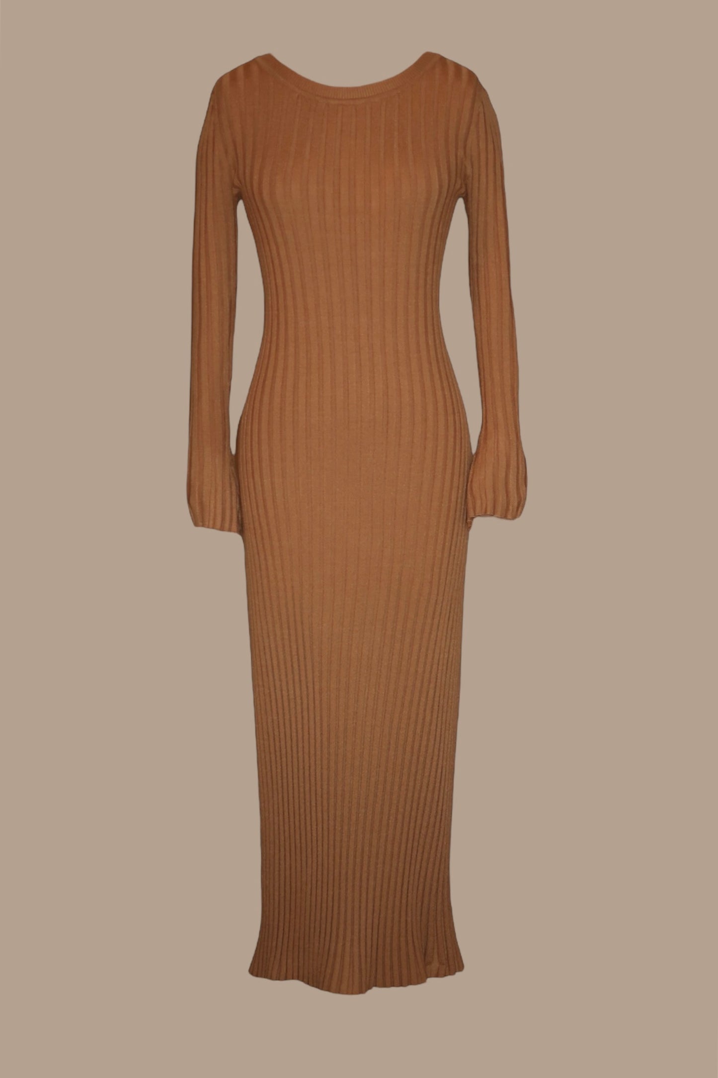 TAN RIBBED-KNIT MAXI DRESS