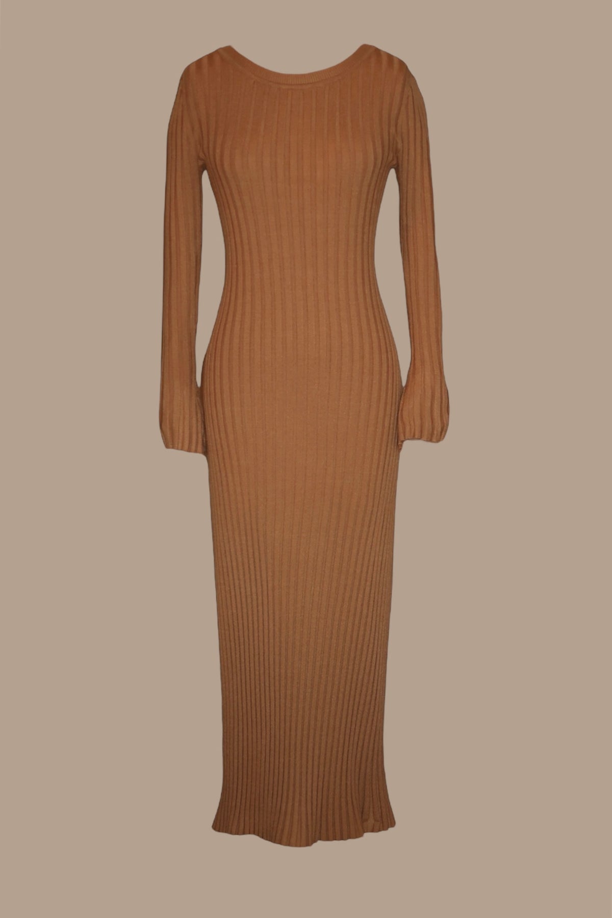 Tan Ribbed-Knit Maxi Dress