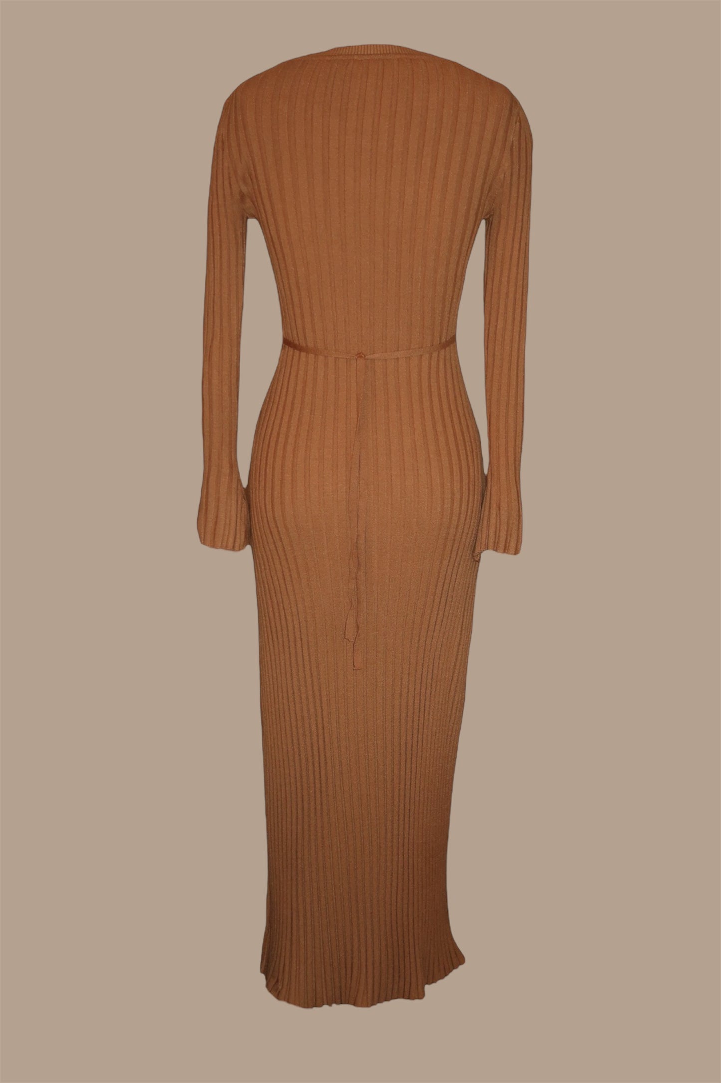 TAN RIBBED-KNIT MAXI DRESS