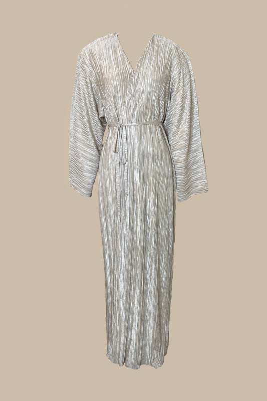 CREAM PLEATED WRAP DRESS